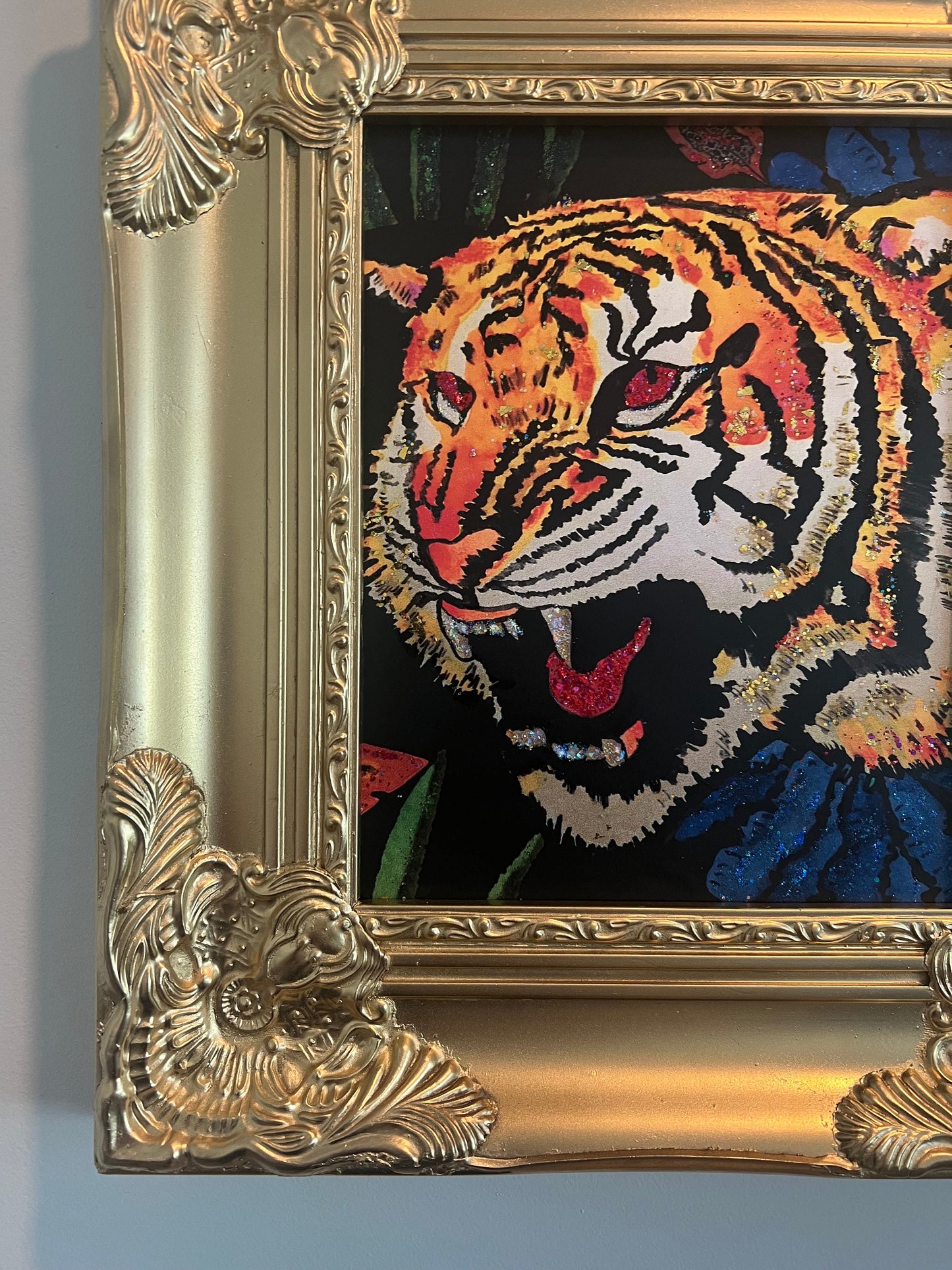 Gucci Tiger Wallpaper framed art in vintage inspired ornate gold frame