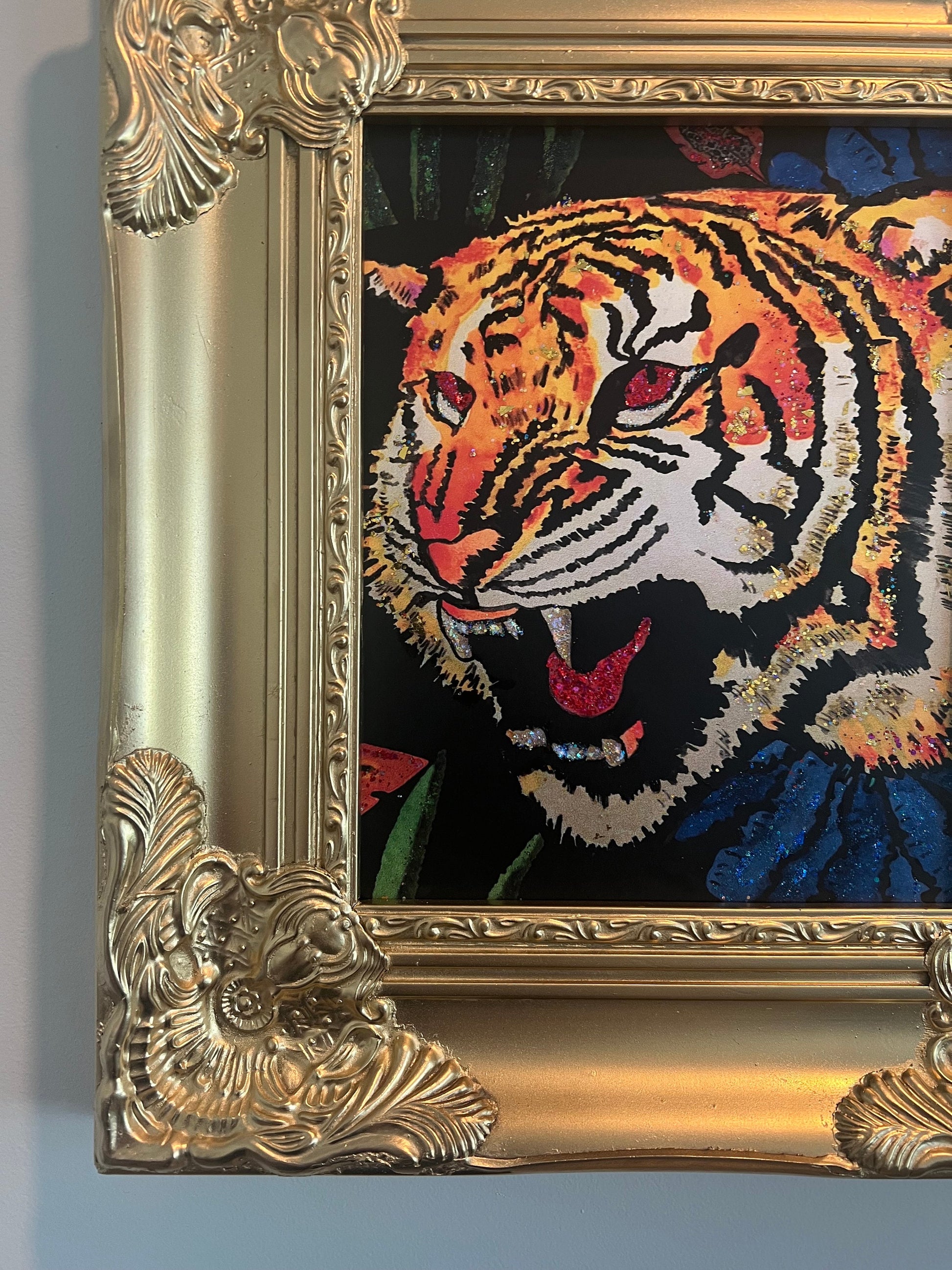 Gucci Tiger Wallpaper framed art in vintage inspired ornate gold frame