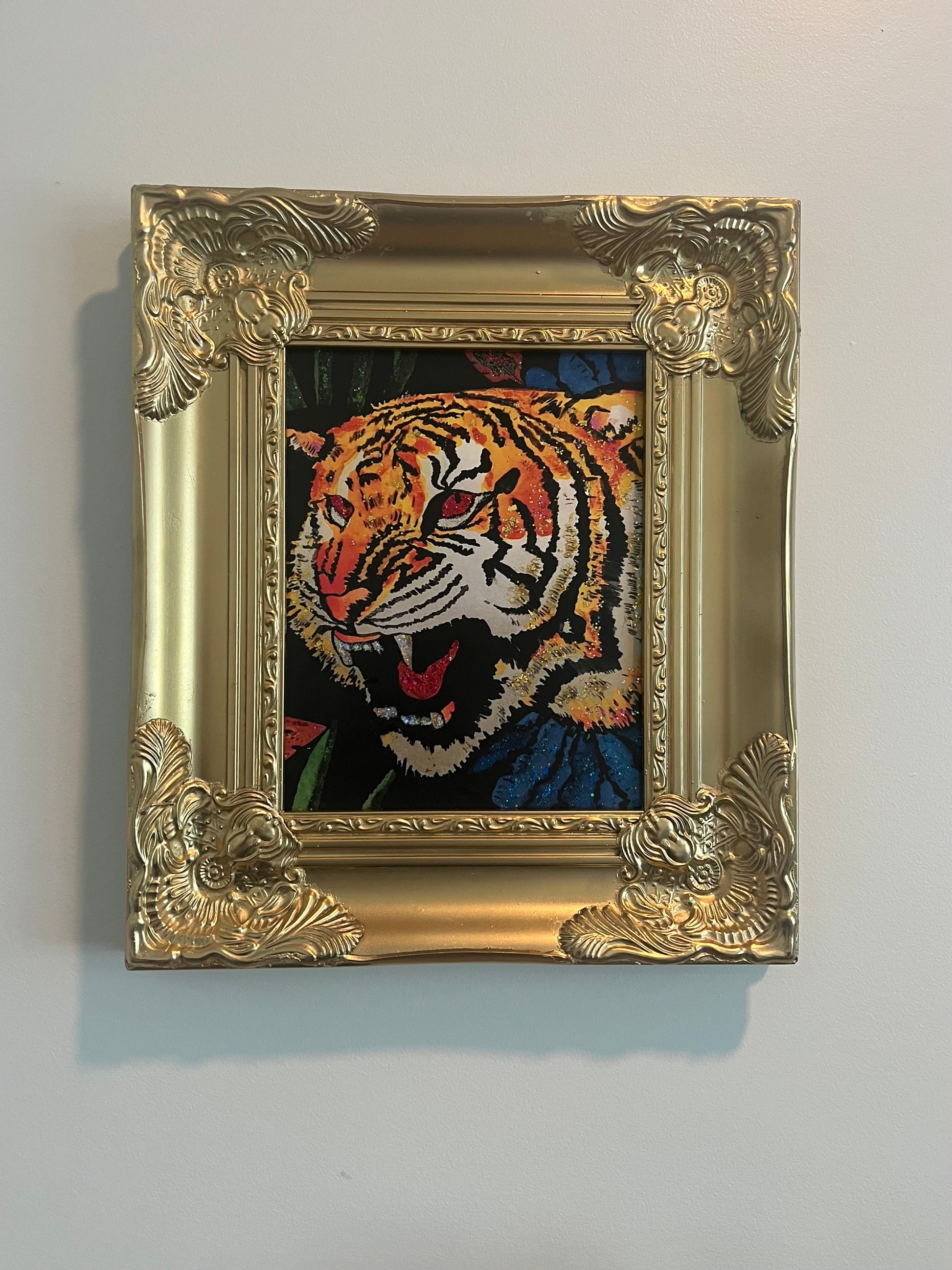 Gucci Tiger Wallpaper framed art in vintage inspired ornate gold frame