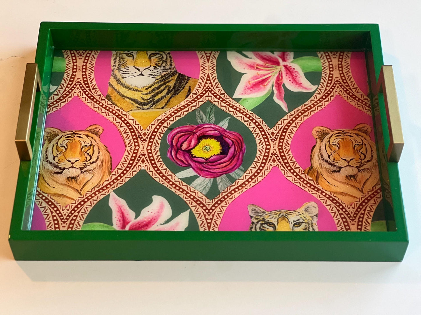 Tigers and Roses belle epoque green and brass serving tray