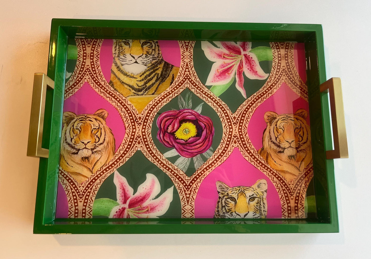 Tigers and Roses belle epoque green and brass serving tray