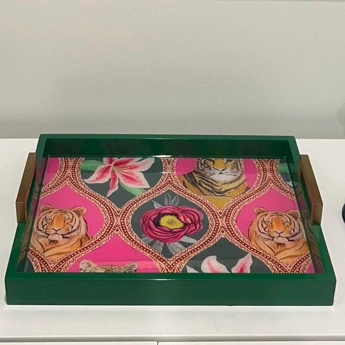 Tigers and Roses belle epoque green and brass serving tray