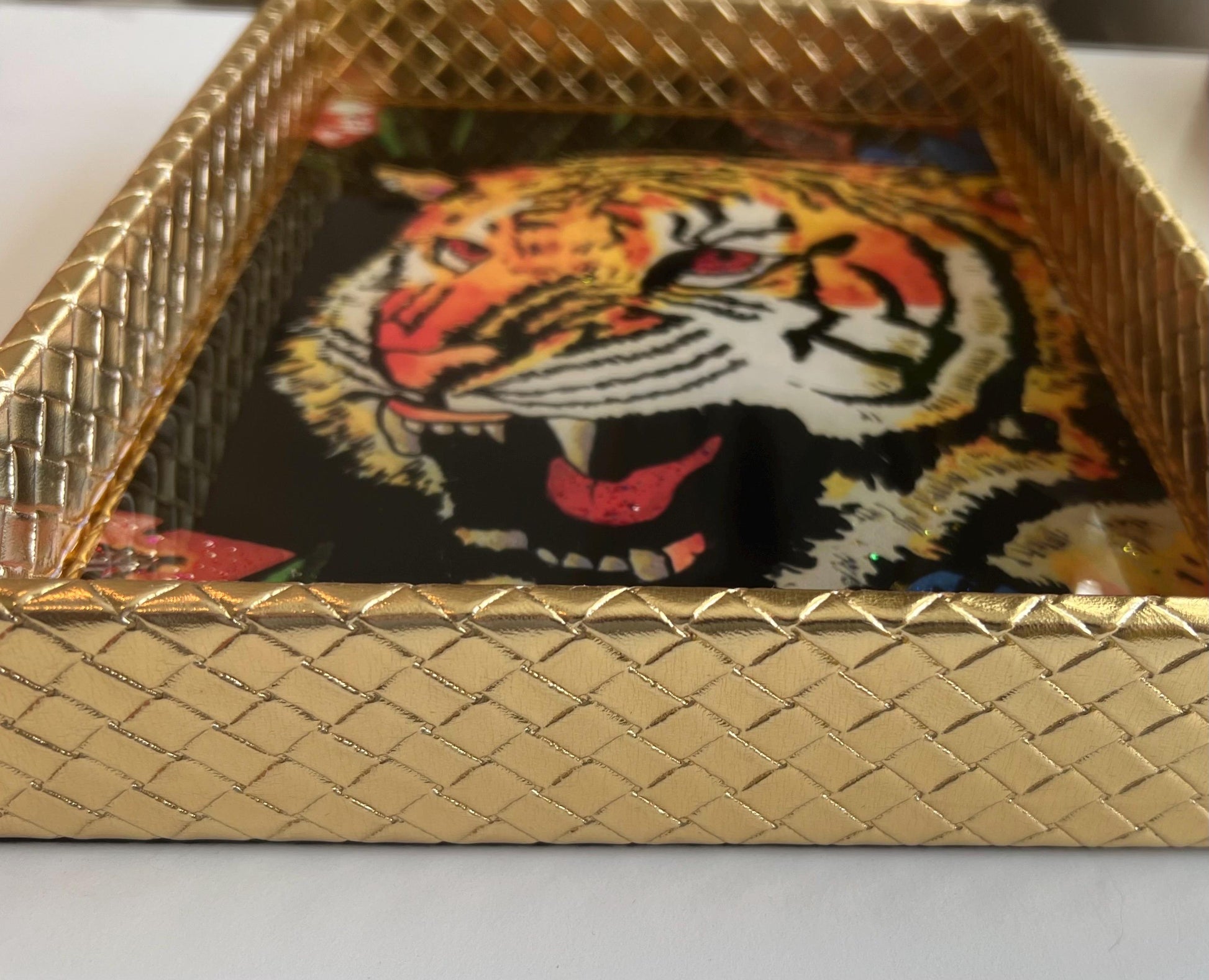 Gucci Tiger wallpaper catchall tray - gold faux leather