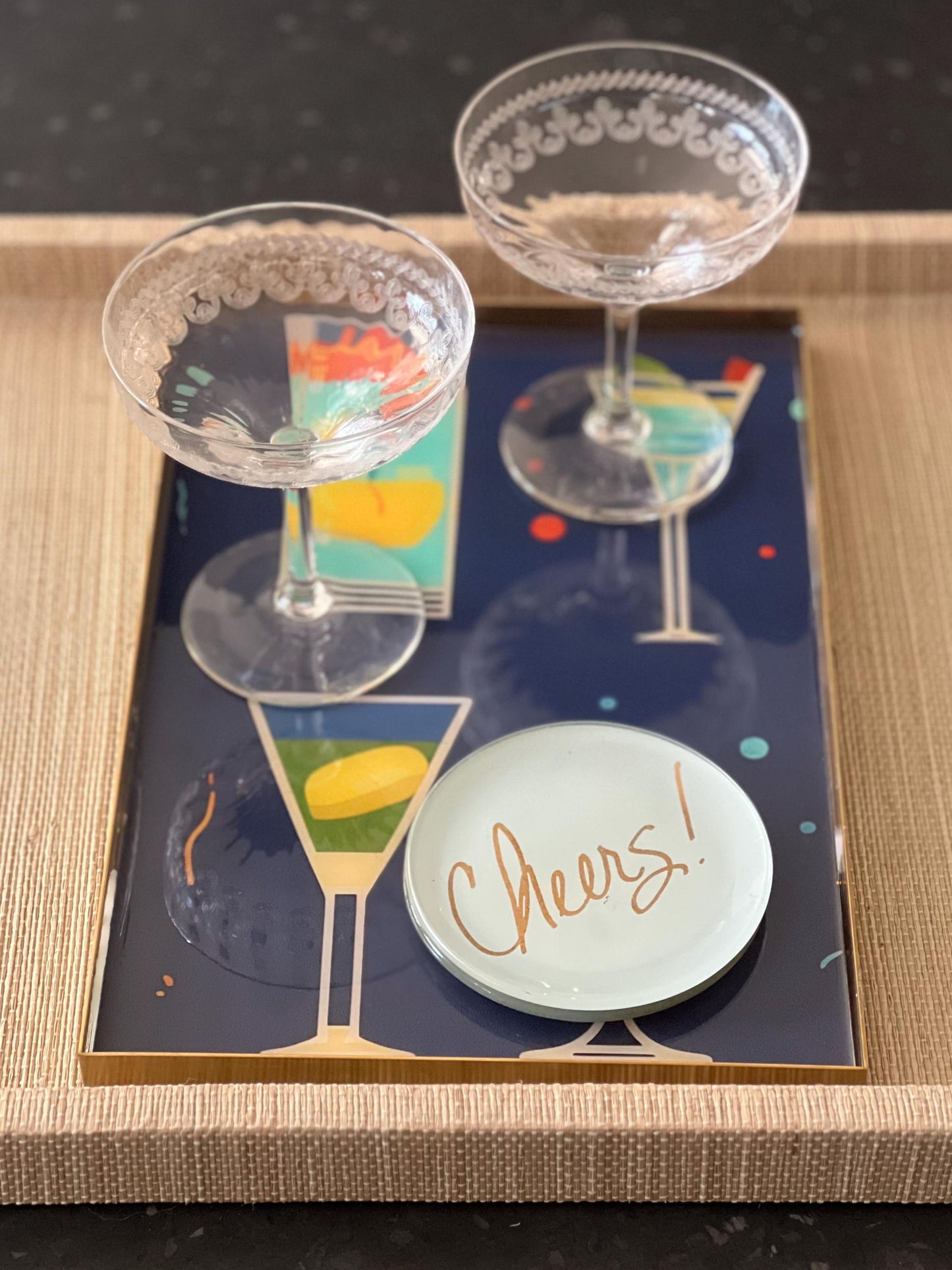 Cocktail tray - retro glitter cocktails - brass serving tray