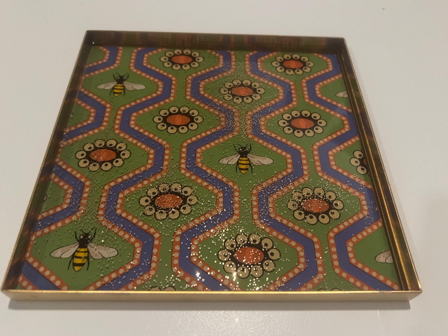 GUCCI pearl eye & bee wallpaper brass jewelry tray